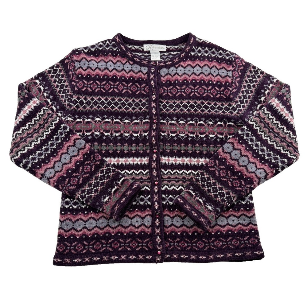 VTG Dressbarn Fair Isle Style Cardigan Sweater Purple Pink Soft Sz S Grandmacore